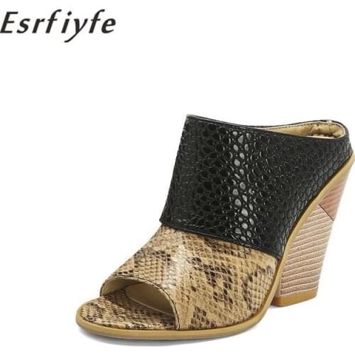 ESRFIYFE New Summer High Heels Open Toe Shoes Woman Sexy Snakeskin Grain Slippers Spick Heels Outside Shoes Large Size 34-48