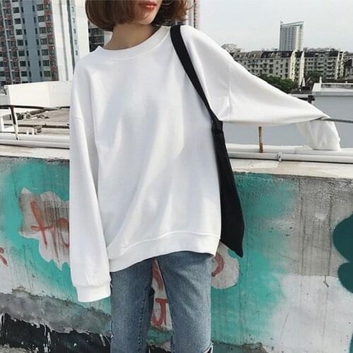 Hoodies Women O-Neck Solid Loose Harajuku Soft Ladies Korean Style Students Simple Thin Hoodie Casual BF Daily Womens Sweatshirt