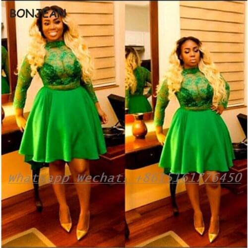 Green Long Sleeve Bridesmaid Dresses 2021 A Line Lace Top Knee Length Satin African Bridesmaid Dress Plus Size for Women Wedding