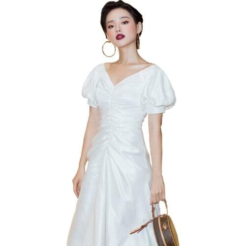 Love Aing Fashion Temperament Womens Mid-length White Dress V-Neck Puff Folds Dresses For Women 2021 Birthday Party Dress