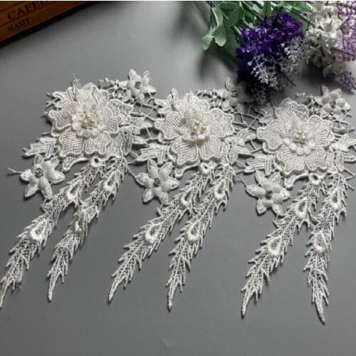 1 Yard White 10cm Pearl 3D Flower Tassel Lace Trim Ribbon Fabric Embroidered Applique Sewing Craft Wedding Dress Clothes New