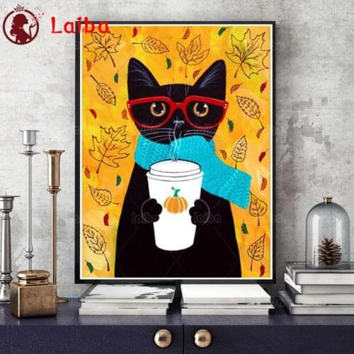 5D DIY Diamond Painting cartoon cat drink coffee cross stitch full square/round diamond mosaic embroidery cute kitten kids gift