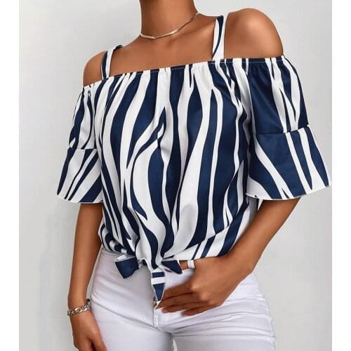 Women Trendy Elegant Casual Shirt Female Stylish Blouse Off Shoulder Striped Print Thin Strap Loose Fit Short Sleeve Top