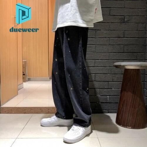 DUEWEER Mens Jeans Spring Autumn Star Embroidery Black Trousers Men Dot Ink Baggy Oversized Straight Hip Hop Jeans Denim Pants
