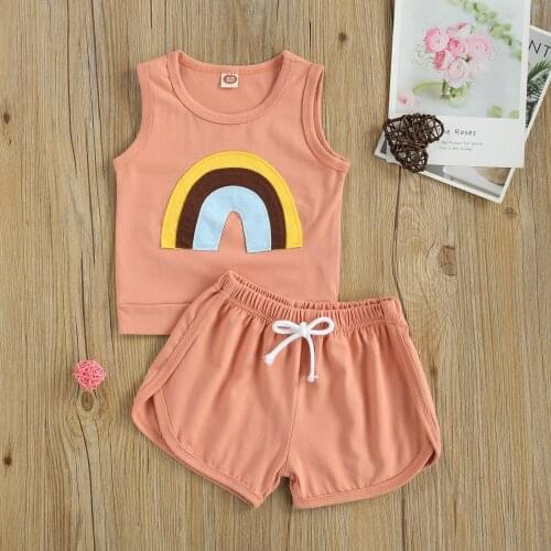 2Pcs Fashionable Little Girls Boys Outfits Summer Toddlers Creative Rainbow Pattern Round Collar Sleeveless Top+Shorts Clothes