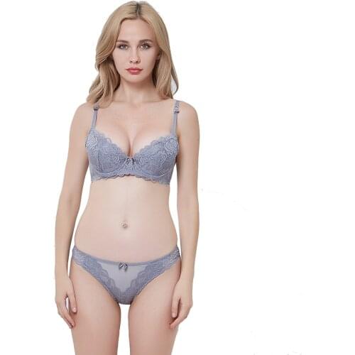 Flower Lace Lightly Padded Bra with Underwire Cotton Cup Push Up Lacy Lingerie Underwear Set Women Mesh Hipster Panties
