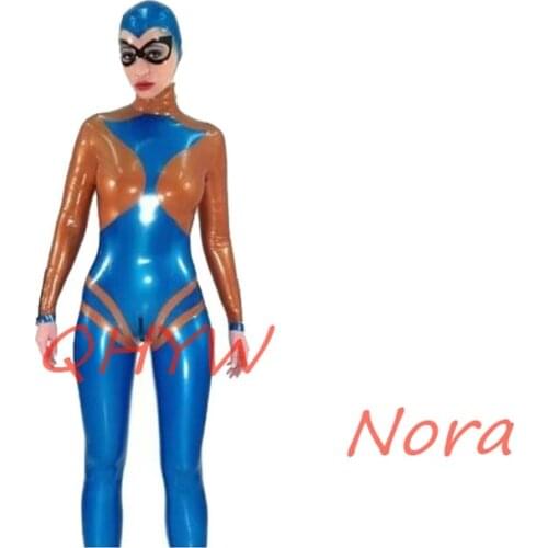 Handmade Latex Catsuit Rubber Navy Blue and Brown BodySuit Tights 0.4mm with Back zipper Hoods Size XXS~XXL for Women