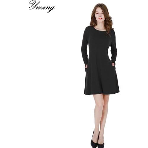 YMING Pockets Long Sleeve Women Dress Casual Office Vestidos Dresses Party O-Neck Dress for Women Vintage Dresses Female Clothes