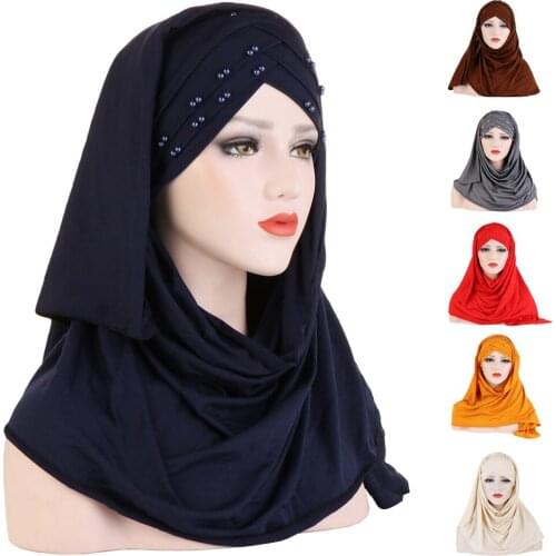 Women Plain Turban Bead Amira Hijab Scarf Head Wrap Pull On Instant Shawl muslim Hijabs Ready To Wear Headscarf Islamic Cap Hat