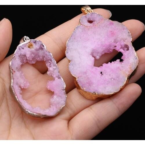 Natural Druzy Pendants Reiki Heal Gold-plated Pink Agated Druzy for Jewelry Making DIY Women Trendy Necklace Earrings Gifts