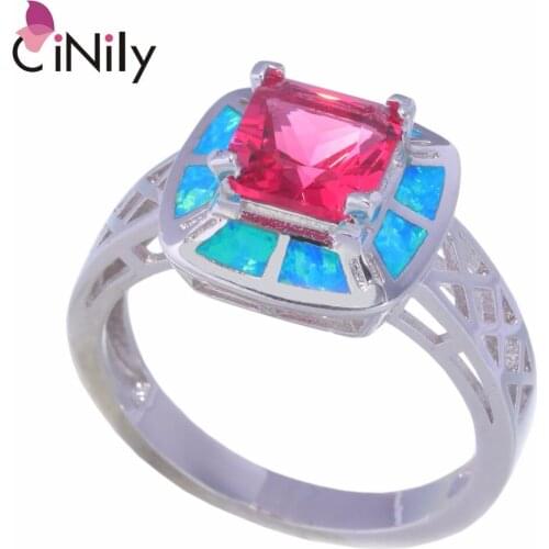 CiNily Created Blue Fire Opal Tourmaline Silver Plated Wholesale Square Shape for Women Jewelry Gift Ring Size 6-9 OJ9313