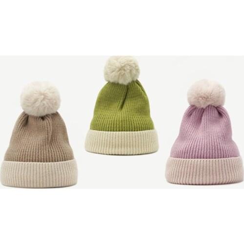 Hat Women Winter Soft Thick Fleece Lined Dual Layer Stitching color Knitted Beanie With Faux Fur Pom Pom Hats Keep Warm Outdoor