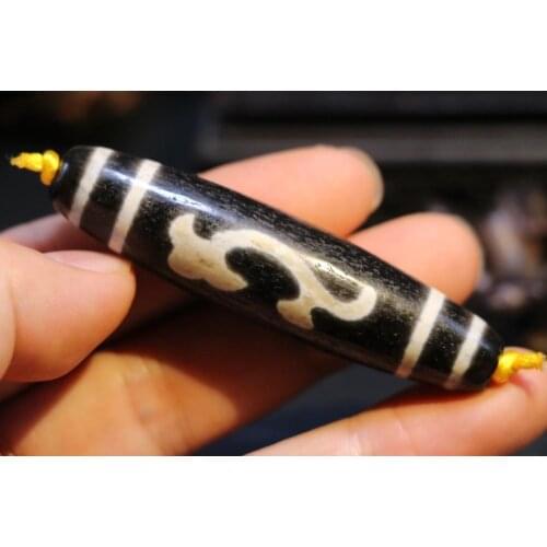 Magic Power Tibetan Old Agate Black White Line Ruyi As You Wish Long dZi Bead Amulet From Timestown
