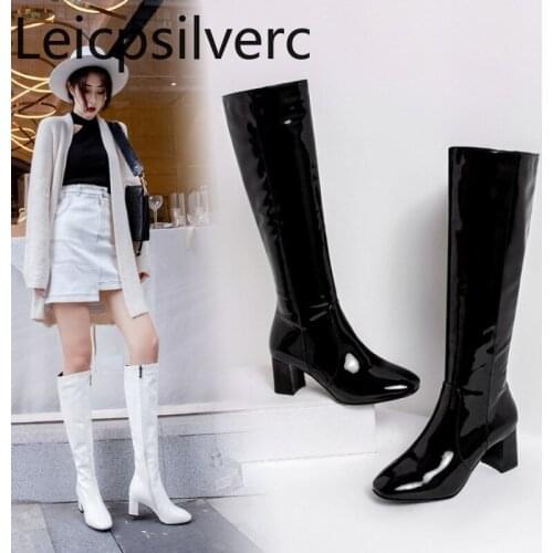 Womens Boots Autumn And Winter The New fashion Square head zipper Thick heel mid heel High tube Womens shoes plus size 34-45