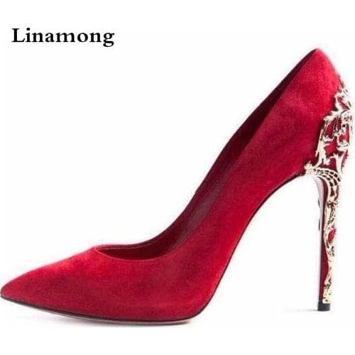 Brand Women Red Black Suede Pointed Toe Pumps Gold Cut-outs Metal Heels Dress Shoes Thin High Heel Metal Decorated Wedding Shoes