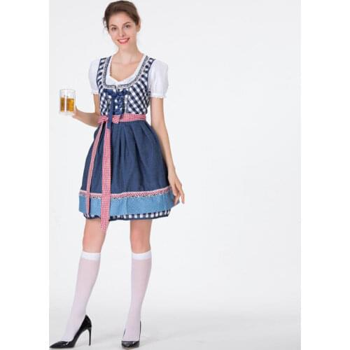 Women Bavarian Oktoberfest Dirndl Costume Blue Plaid Dress Apron Set Been Maid Wench Fancy Dress