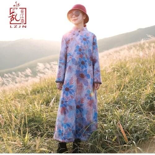 LZJN New Vintage Women Autumn Winter Long Chinese Cheongsam Qipao Warm Fleece Lined Thicken Maxi Winter Dress Robe Vestidos