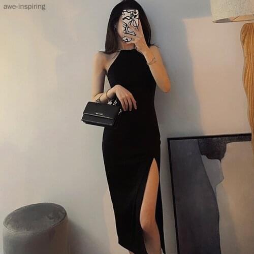 2021 Summer New Black Dress High-end Elegant One-shoulder Sling Hanging Neck Female High Waist Sexy Niche Self-cultivation