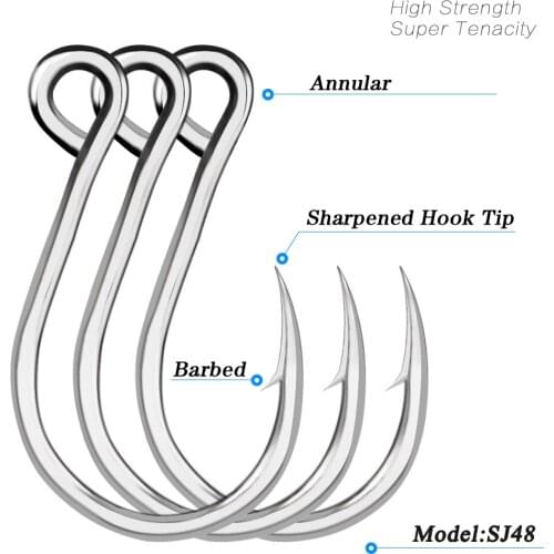 Lots 10pcs Saltwater Fishing Hook SJ48 JIGGING HOOK 1/0#-11/0# Model Stainless Steel Fishhook Barbed Sharpened Silvery Hook