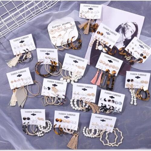 2020 Long-style symmetrical Earrings Simulation Eardrop Personality Earrings Eardrop Bohemian Moon Triangle Fringe Stud Set