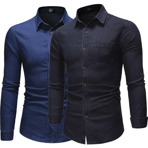 2021 Popular Mens European and American Simple Solid Color Casual Long-sleeved Denim Shirt Classic Office Business Suit