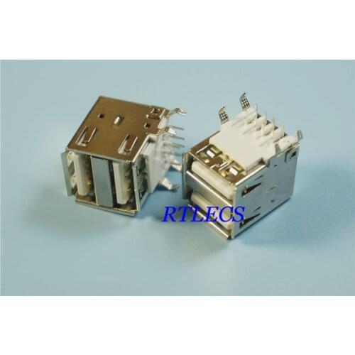 50pcs USB 2.0 Connector A Type Dual Port Right Angle Through Holes PCB Solder Receptacle Socket Metal Shield