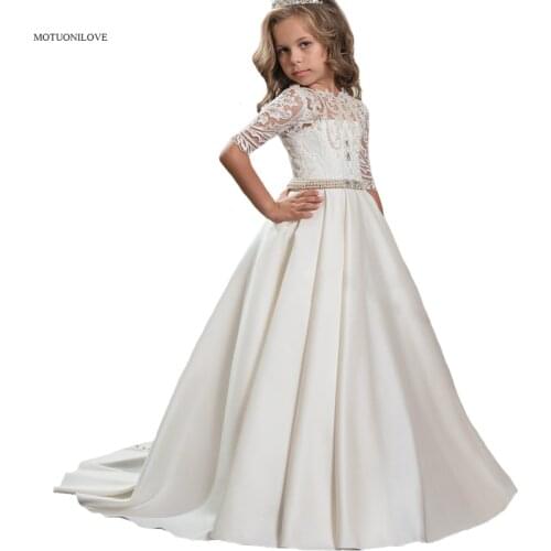 Half Sleeves Pearls Crystal Belt Elegant Buttons Childrens Luxury Dress Kids Flower Girl Dress Party Gowns Robe De Soiree Fille