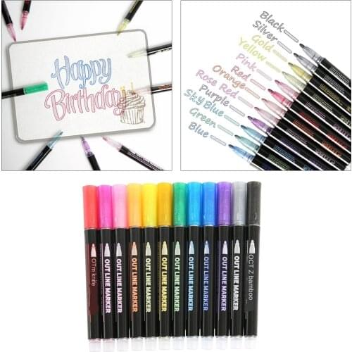 Double Line Pen, Auto Metallic Markers, 12 Colors Glitter Artist Pens for Gift Card Making
