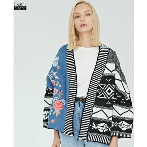 Denim Jacket Women Fall Knitted Patchwork Cardigan Embroidery Streetwear Vintage Elegant Harajuku Jeans Jackets Winter Clothes