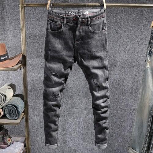 Men Jeans High Quality Black Gray Slim Fit Elastic Ripped Korean Style Fashion Denim Pencil Pants Vintage Designer Trousers Male