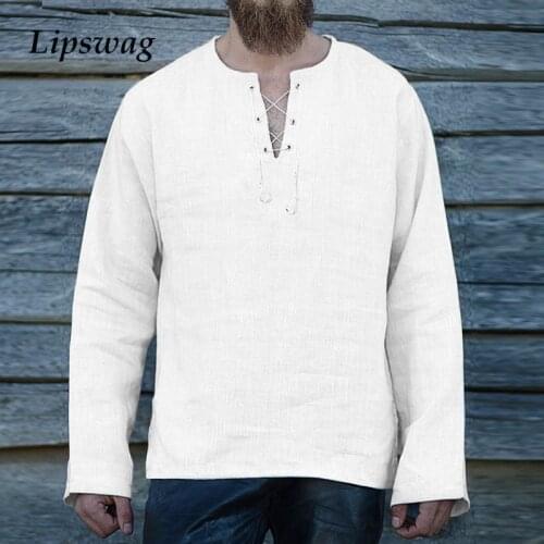 2021 Spring Summer Casual Linen Cotton T Shirts Mens Vintage V-Neck Drawstring Tees Fashion Simple Loose Solid Long Sleeve Tops
