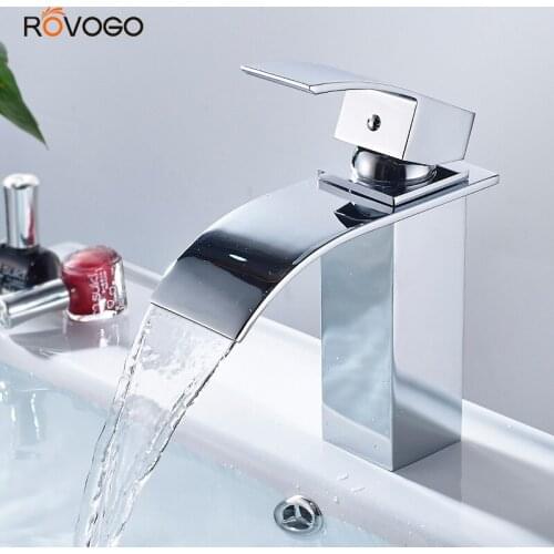 ROVOGO Waterfall Bathroom Sink Faucet Chrome, Single Handle 1 Hole Deck Mount Basin Mixer Tap, Lavatory Vanity Sink Faucet