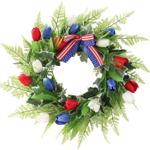 Artificial Tulip Wreath United States Independence Day Patriotic Wreath for Front Door Wall Window Wedding Party Decor