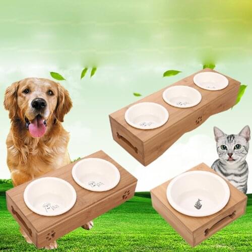 Pet Elevated Stand Ceramic Bowls for Puppy Stainless SteelBamboo Rack Food Water Bowl Feeder Cats Feeding Dog Drinking Bowl