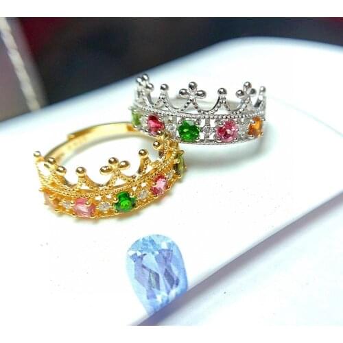 Natural gemstone Ring Natural Multicolor tourmaline ring S925 silver small lovely Crown row women girl gift party fine Jewelry
