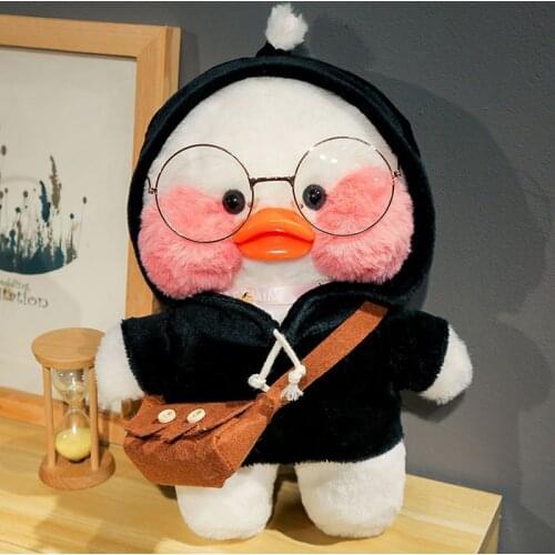 Kawaii 30CM Black Death Wearing Glasses Hoodie Hyaluronic Acid Duck with Glasses Hat Plush Toy Stuffed Soft Birthday for Girls