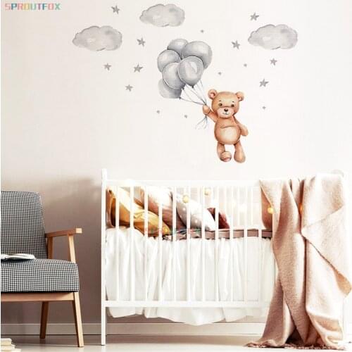 Lovely Bear with Ballon Bedroom Wall Stickers for Kids Rooms Girls Nursery Decoration Cloud Stars Viny Mural Stickers