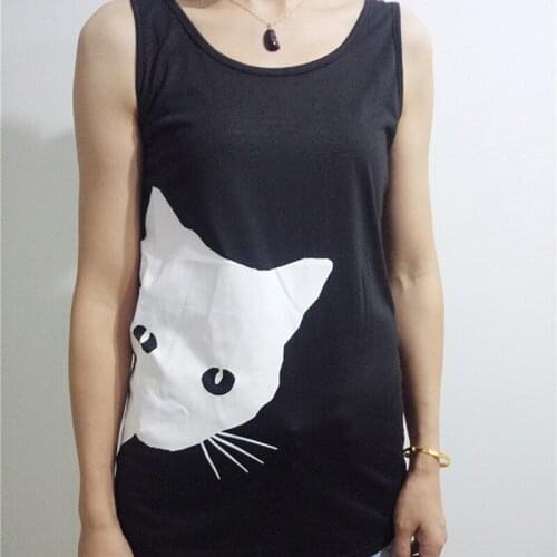 Fashion Women Summer Camisole Top Shirt Black Cat Printed Cartoon Tank Vest Comfortable Cotton Sleeveless Femme Women Vest