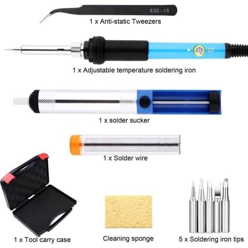 Letme 60w 220v Adjustable Temperature Soldering Iron Kit+5 Tips+Desoldering Pump+Soldering Iron Stand +Tweezers+ Solder Wire
