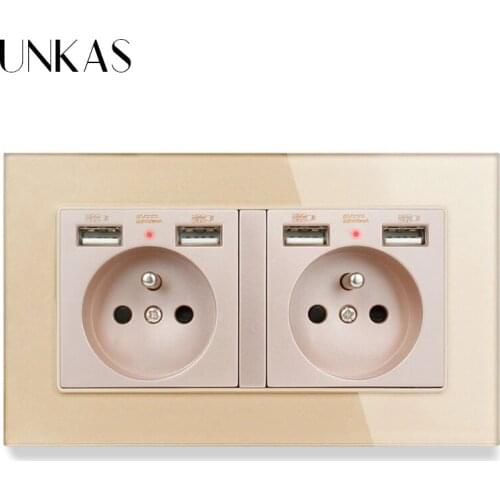 Golden 2 Gang French Standard Crystal Glass Panel Wall Socket with Charge Port Hidden Soft LED Indicator