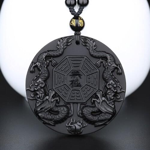 Genuine Obsidian Ssangyong Necklace Pendant Hand Carved Black Gem Yin Yang Tai Chi Bagua Lucky Amulet Surprise Gift