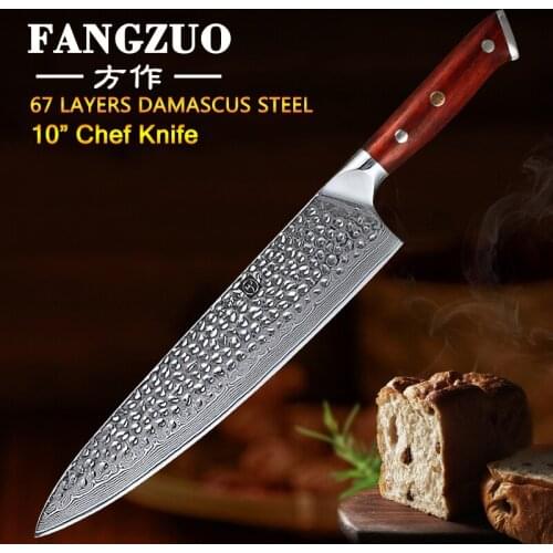 FANGZUO 10 inch Chef Knife Japanese 10Cr15CoMoV Core Cleaver Knife Damascus Steel with Rosewood Handle Sashimi Kitchen Knives