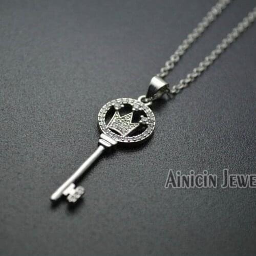 5pcs Silver Gold Plating CZ Stone Setting Crown & Key Shape Pendants Rhinestone Crystal Necklace For Fashion Women Gift Jewelry