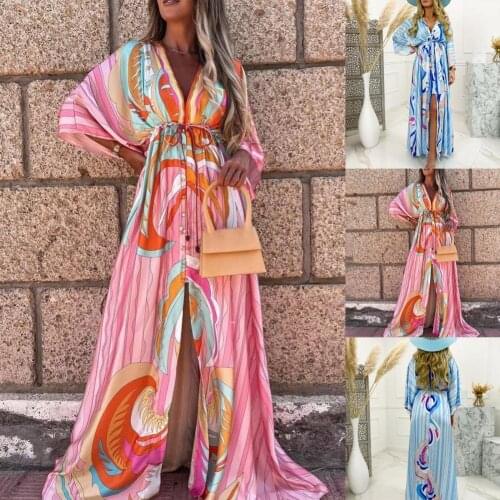 Beachwear Sexy Printed Large Hem Maxi Dress Women Women Dress Long Sleeve for Vacation