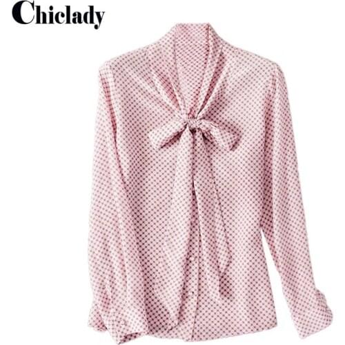 CHICLADY Vintage Polka Dotl Print Chiffon Womens Long Sleeve Bow Collar Blouse Designer Spring New Fashion Tops топ женский
