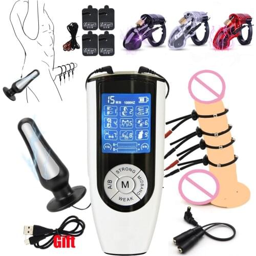 Strongest BDSM Host,Electric Shock CB6000 Cock Cage Ball Stretcher E-stim Penis Ring Anal Plug Massage Pad Male Chastity Sex Toy