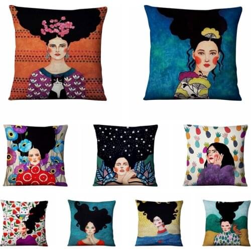 Nordic Retro Girls Thin Linen Printed Pillowcase Painting Lady Cushion Decorative Pillows Home Decor Sofa Throw Pillow 45*45