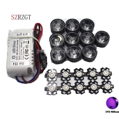 10X 3W High Power LED Ultra Violet Light Chip 395-400nm + 10pcs lens + 1pcs 6-10x3w driver