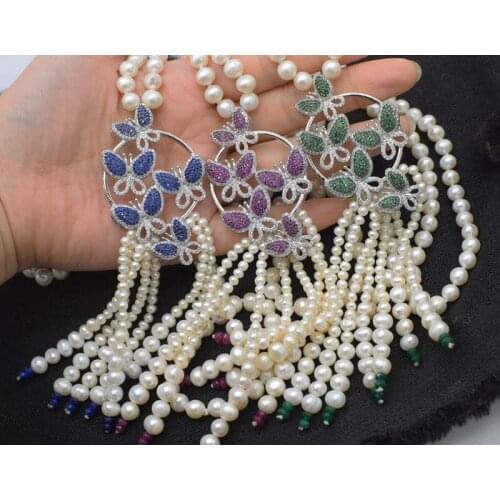 Wow! freshwater pearl white near round jades & red/blue/green zircon flower necklace 35" wholesale beads nature