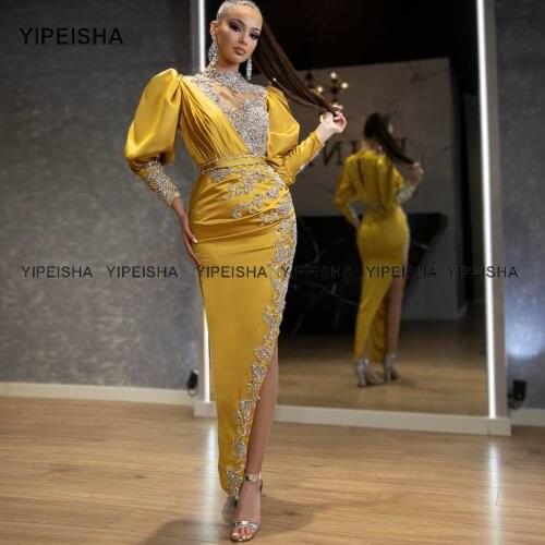 Yipeisha Jewel Mermaid Prom Dresses Gold Women Formal Party Side Split Evening Gown 2021 Crystals Long Sleeves Vestido de Gala